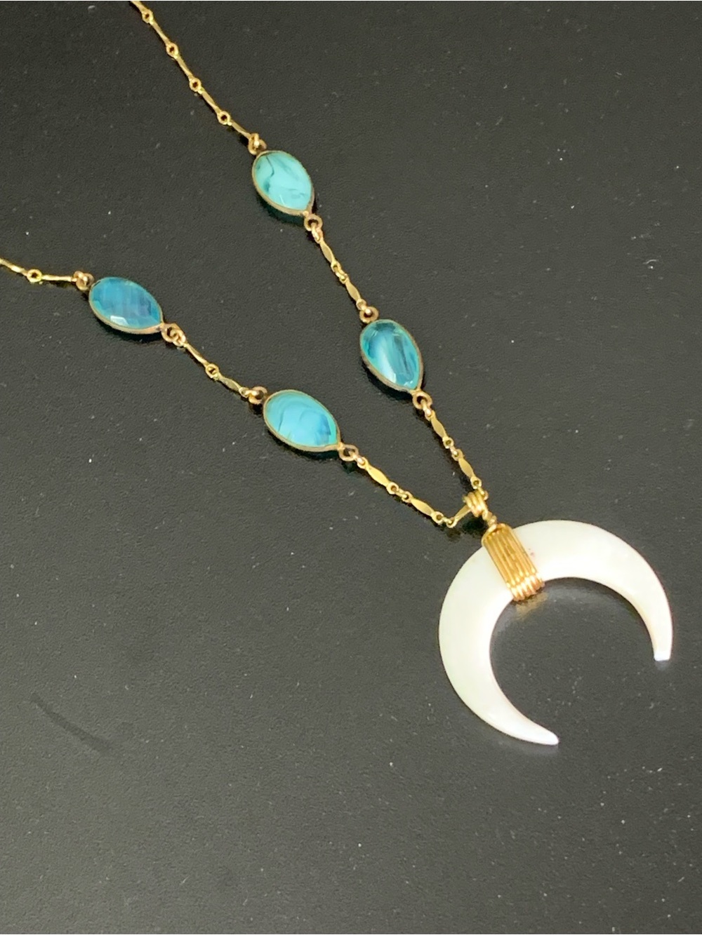 Elegant 14K Gold Filled Crescent Horn Pendant Necklace Light Blue Stone Accents